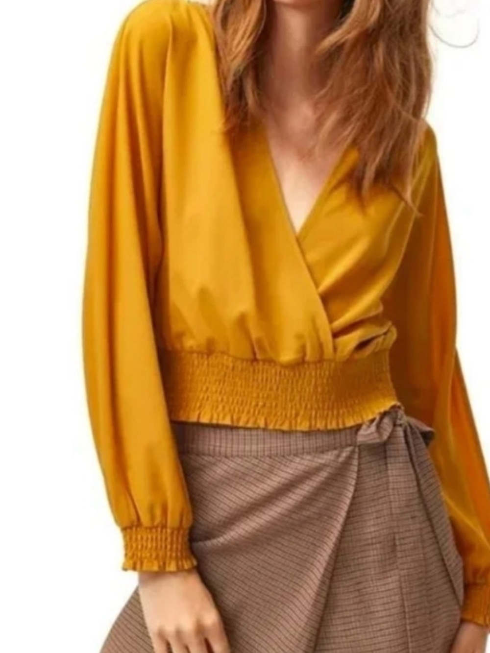 NEW Wilfred Reign Smocked Blouse Surplice Top Long Sleeve Flowy Mustard Yellow